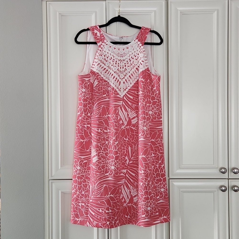 Pappagallo Pink and White Lace Yoke Floral Shift Dress - Picture 3 of 6